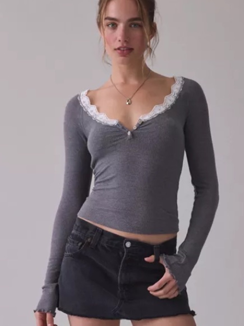 BDG Gray Ribbed Long-Sleeve Top with White Lace Trim